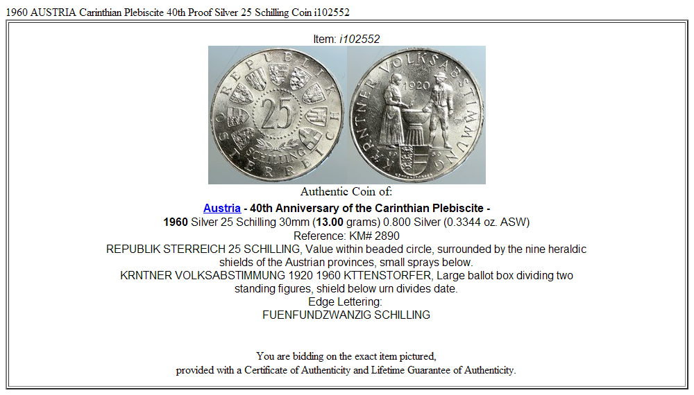 1960 AUSTRIA Carinthian Plebiscite 40th Proof Silver 25 Schilling Coin i102552