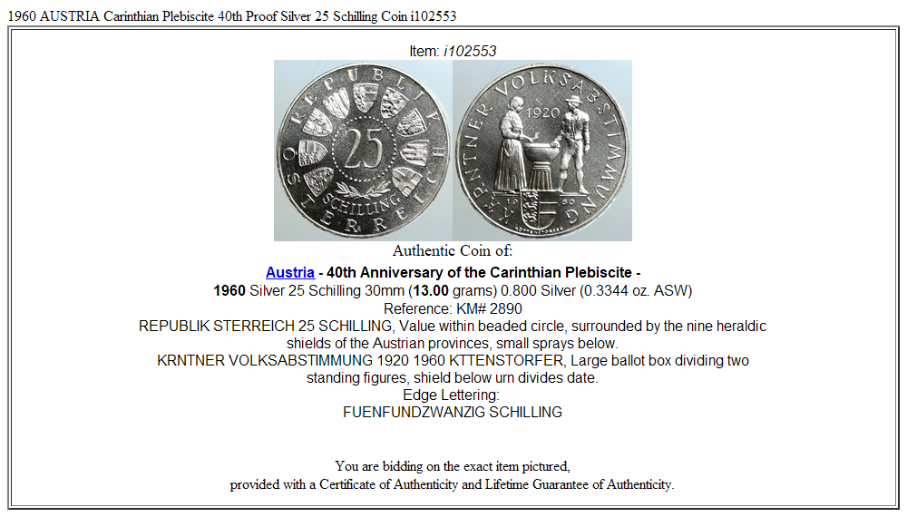 1960 AUSTRIA Carinthian Plebiscite 40th Proof Silver 25 Schilling Coin i102553