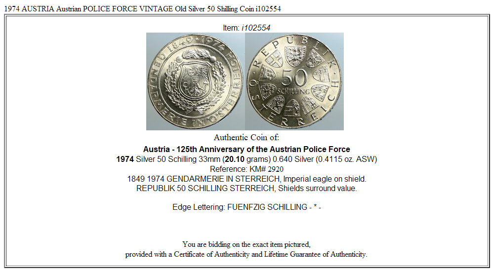 1974 AUSTRIA Austrian POLICE FORCE VINTAGE Old Silver 50 Shilling Coin i102554