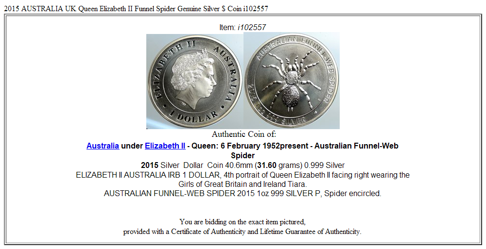 2015 AUSTRALIA UK Queen Elizabeth II Funnel Spider Genuine Silver $ Coin i102557