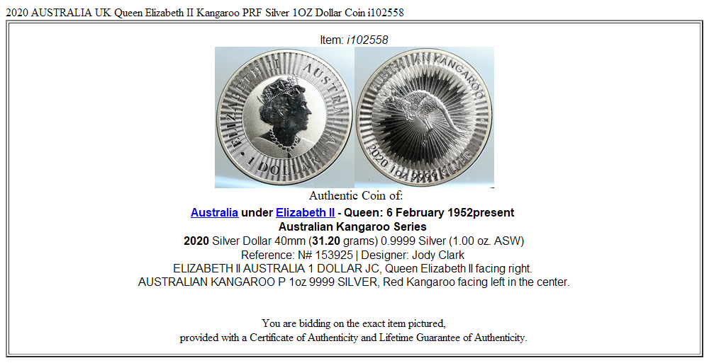 2020 AUSTRALIA UK Queen Elizabeth II Kangaroo PRF Silver 1OZ Dollar Coin i102558