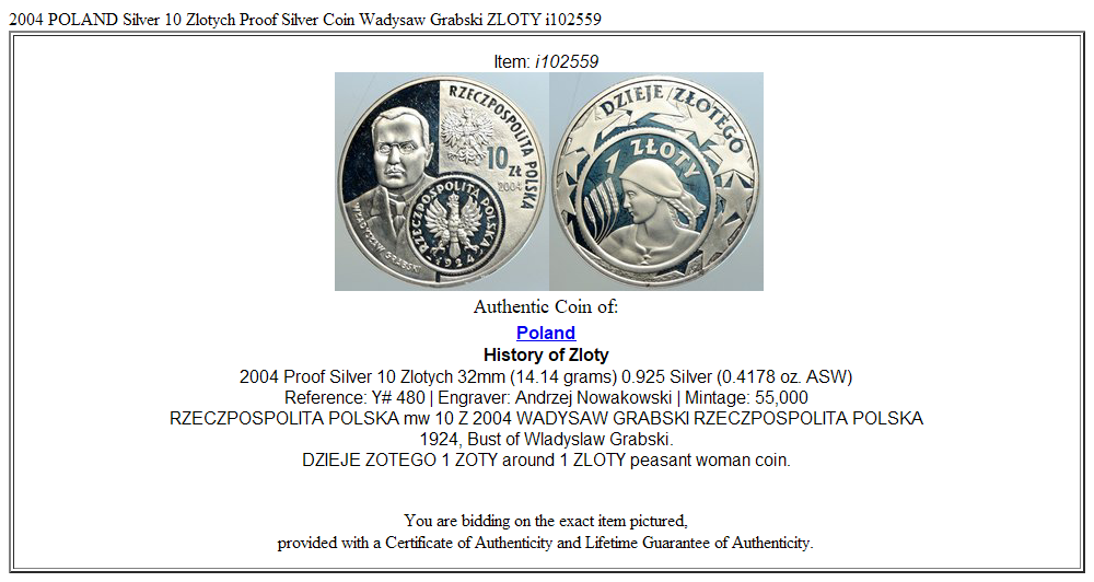 2004 POLAND Silver 10 Zlotych Proof Silver Coin Władysław Grabski ZLOTY i102559