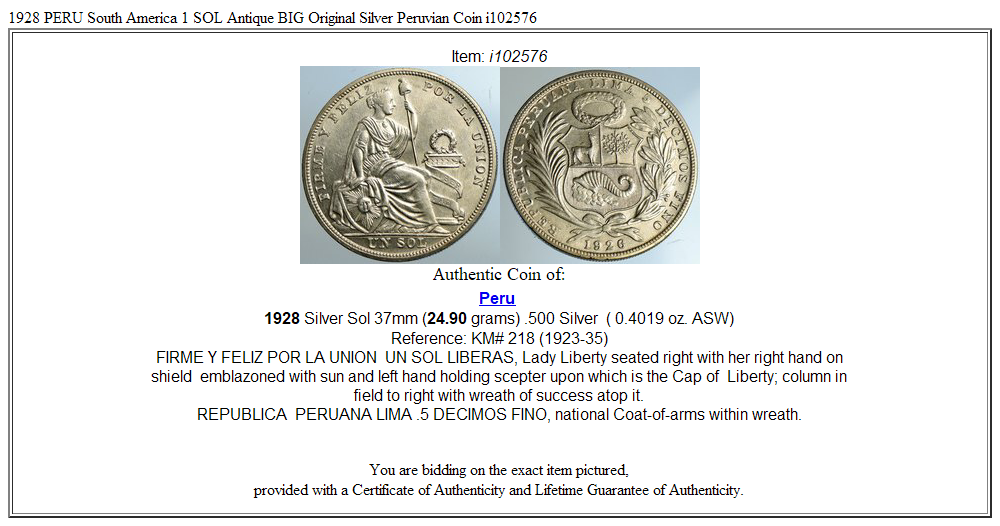 1928 PERU South America 1 SOL Antique BIG Original Silver Peruvian Coin i102576