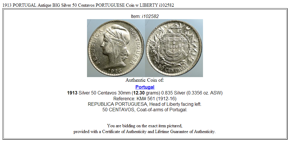 1913 PORTUGAL Antique BIG Silver 50 Centavos PORTUGUESE Coin w LIBERTY i102582