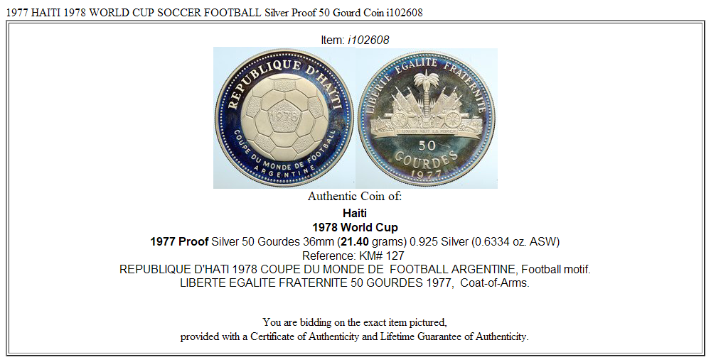 1977 HAITI 1978 WORLD CUP SOCCER FOOTBALL Silver Proof 50 Gourd Coin i102608