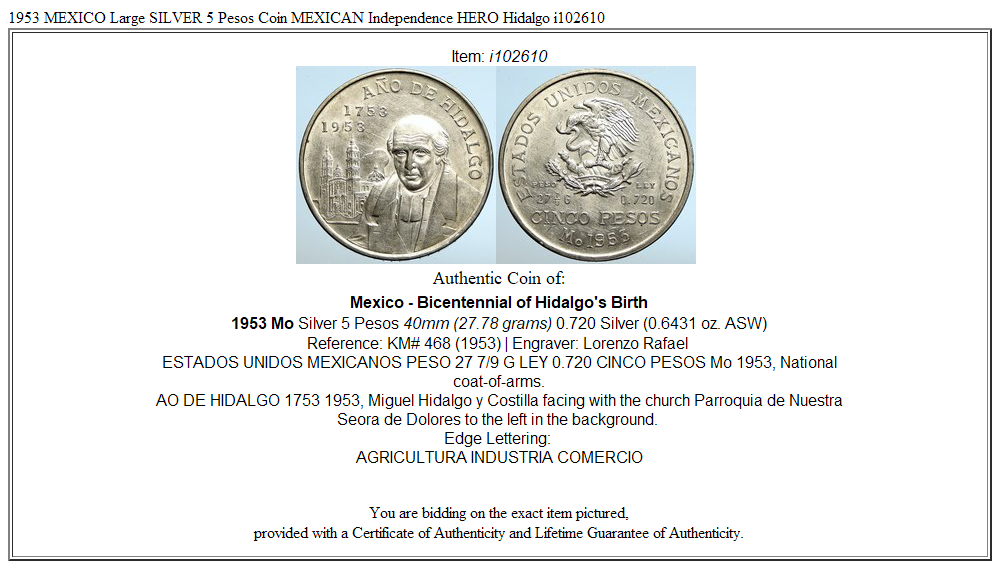 1953 MEXICO Large SILVER 5 Pesos Coin MEXICAN Independence HERO Hidalgo i102610