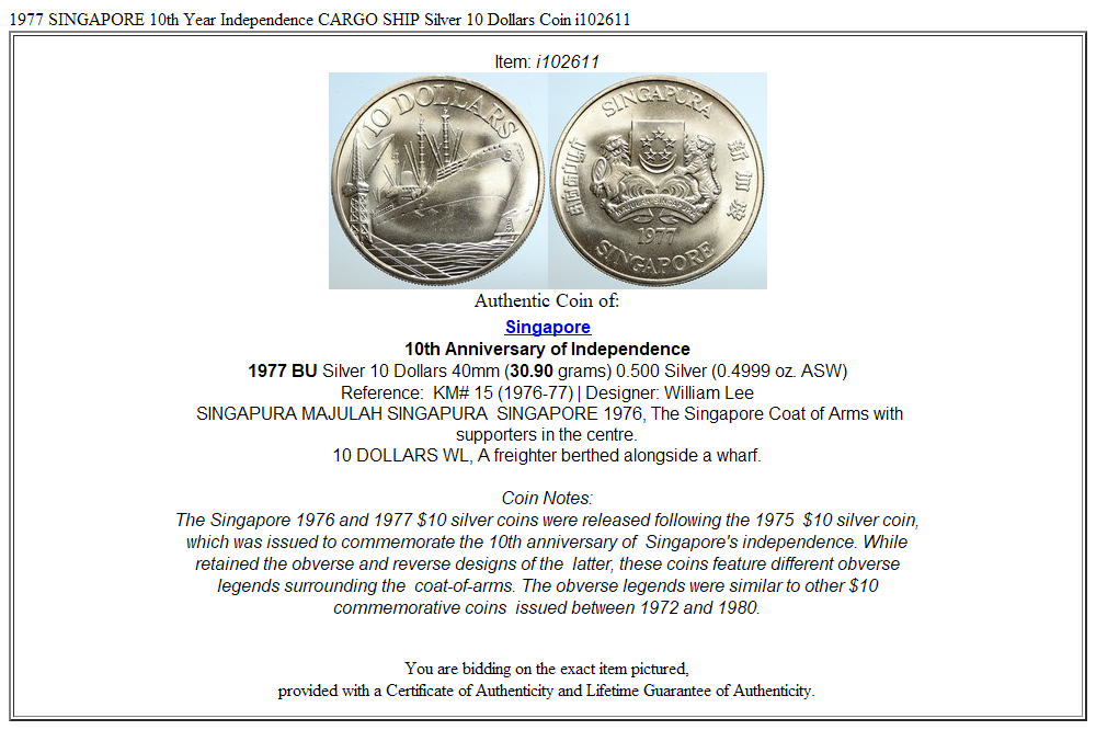 1977 SINGAPORE 10th Year Independence CARGO SHIP Silver 10 Dollars Coin i102611