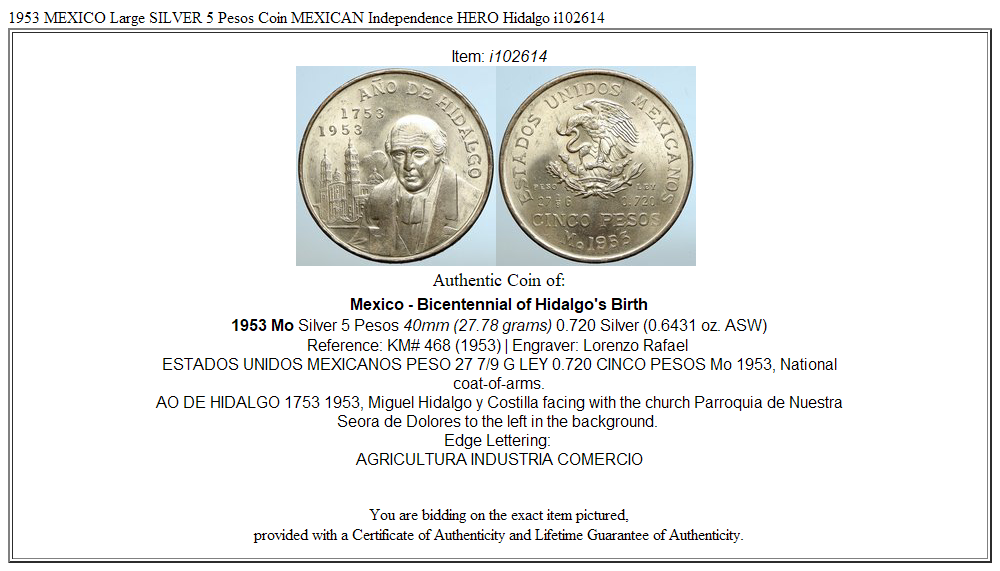 1953 MEXICO Large SILVER 5 Pesos Coin MEXICAN Independence HERO Hidalgo i102614