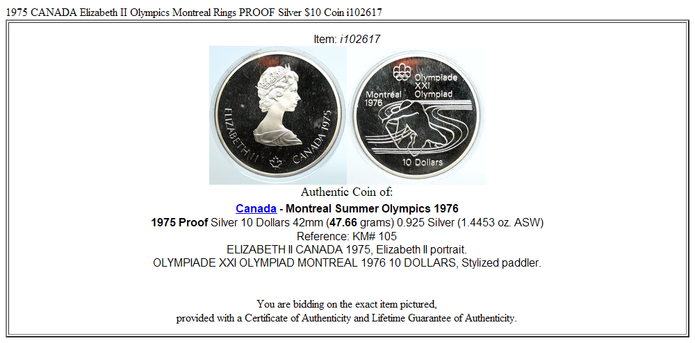 1975 CANADA Elizabeth II Olympics Montreal Rings PROOF Silver $10 Coin i102617