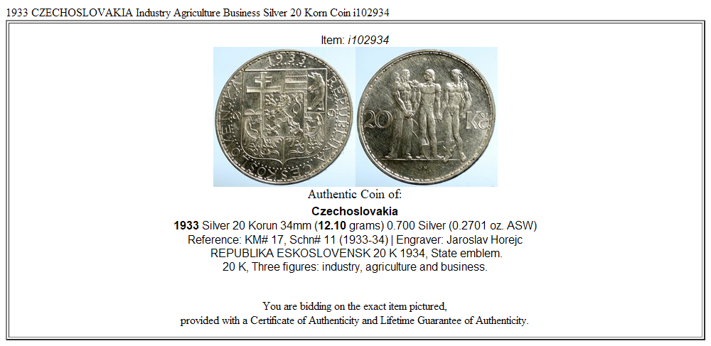 1933 CZECHOSLOVAKIA Industry Agriculture Business Silver 20 Korn Coin i102934