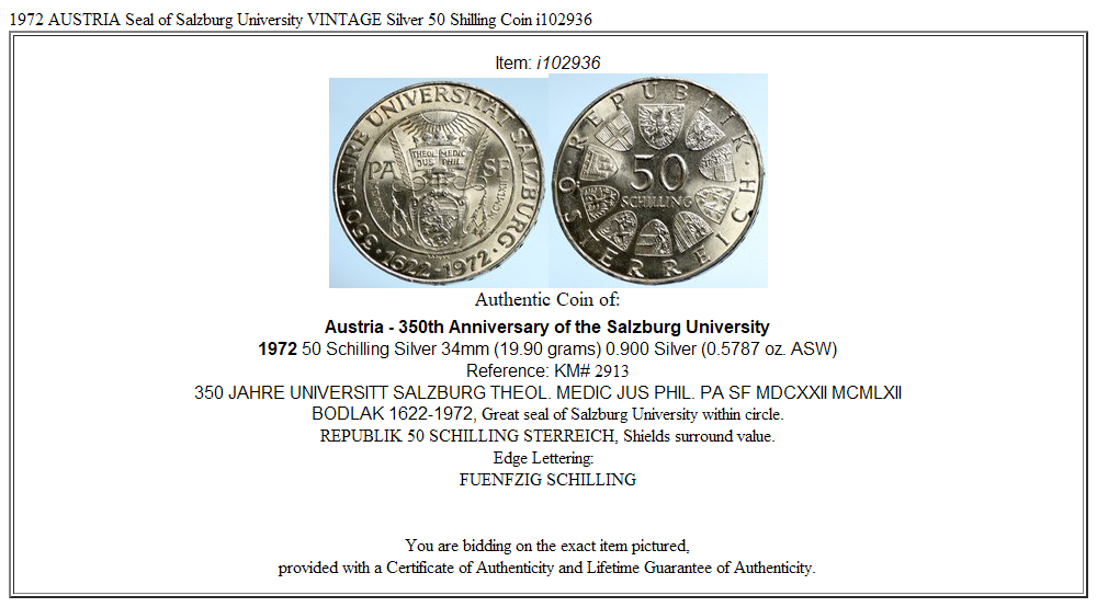 1972 AUSTRIA Seal of Salzburg University VINTAGE Silver 50 Shilling Coin i102936