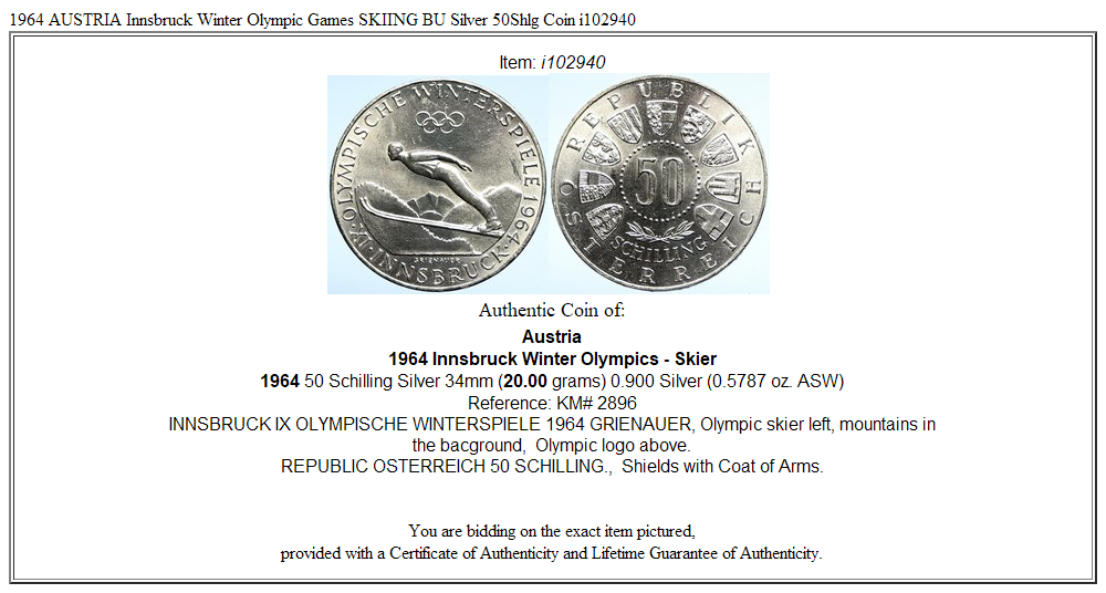 1964 AUSTRIA Innsbruck Winter Olympic Games SKIING BU Silver 50Shlg Coin i102940