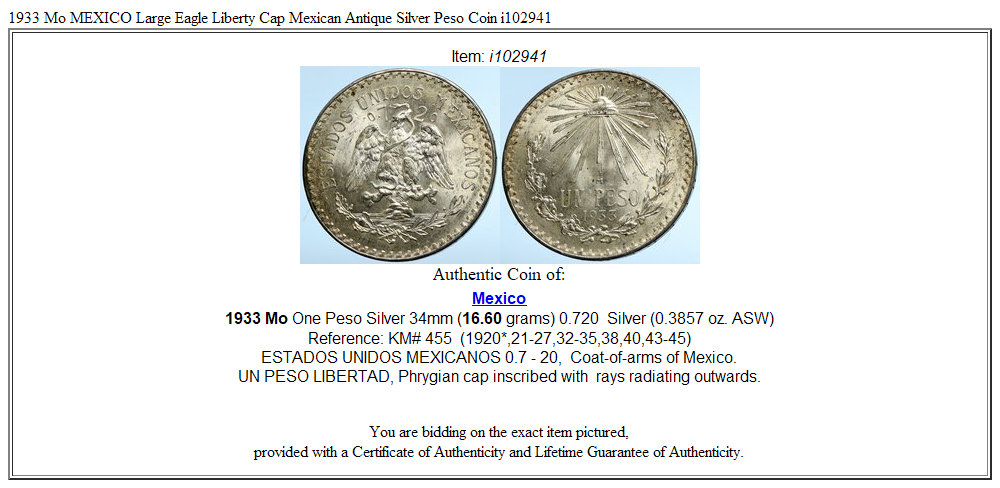 1933 Mo MEXICO Large Eagle Liberty Cap Mexican Antique Silver Peso Coin i102941