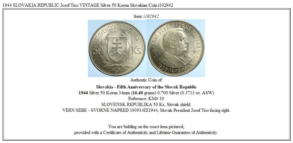 1944 SLOVAKIA REPUBLIC Jozef Tiso VINTAGE Silver 50 Korun Slovakian Coin i102942