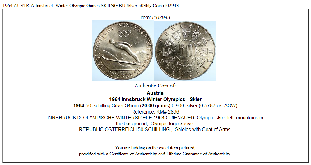 1964 AUSTRIA Innsbruck Winter Olympic Games SKIING BU Silver 50Shlg Coin i102943