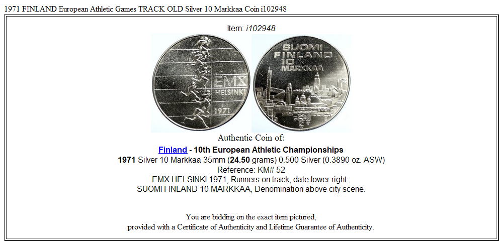 1971 FINLAND European Athletic Games TRACK OLD Silver 10 Markkaa Coin i102948