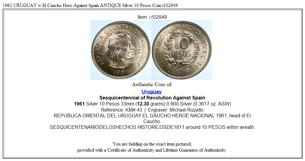 1961 URUGUAY w El Caucho Hero Against Spain ANTIQUE Silver 10 Pesos Coin i102949