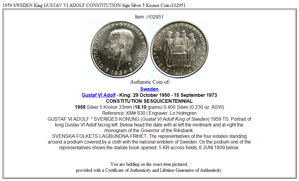 1959 SWEDEN King GUSTAV VI ADOLF CONSTITUTION Sign Silver 5 Kronor Coin i102951