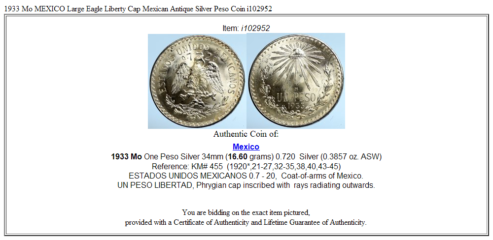 1933 Mo MEXICO Large Eagle Liberty Cap Mexican Antique Silver Peso Coin i102952