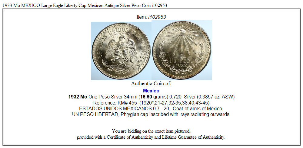 1933 Mo MEXICO Large Eagle Liberty Cap Mexican Antique Silver Peso Coin i102953