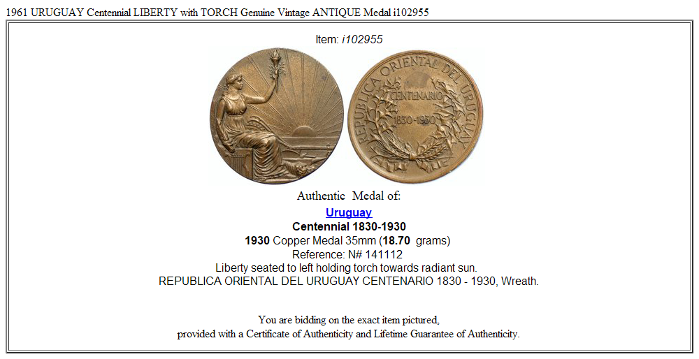 1961 URUGUAY Centennial LIBERTY with TORCH Genuine Vintage ANTIQUE Medal i102955