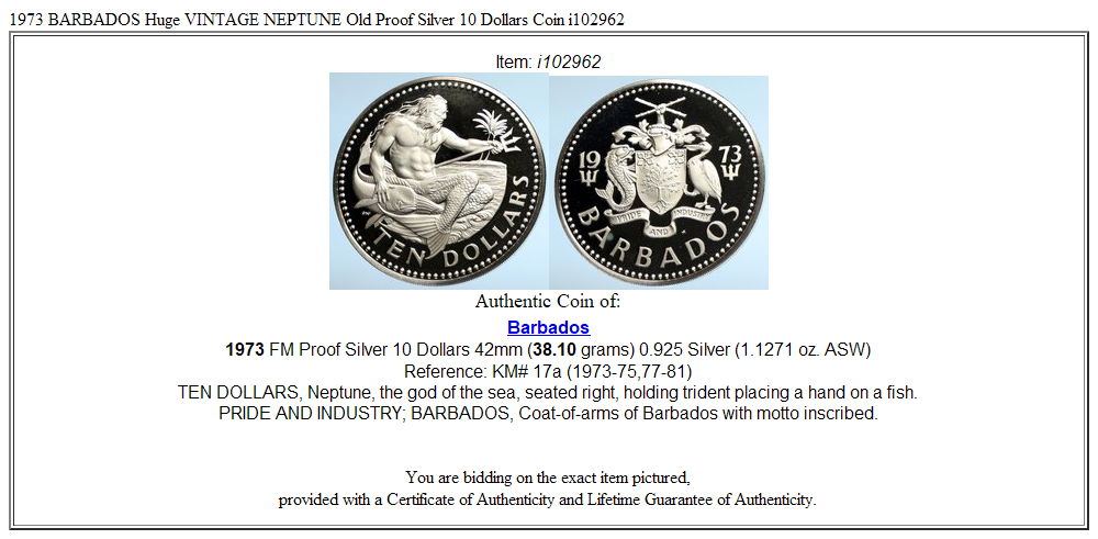 1973 BARBADOS Huge VINTAGE NEPTUNE Old Proof Silver 10 Dollars Coin i102962