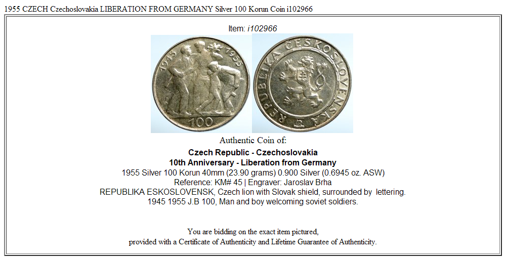 1955 CZECH Czechoslovakia LIBERATION FROM GERMANY Silver 100 Korun Coin i102966