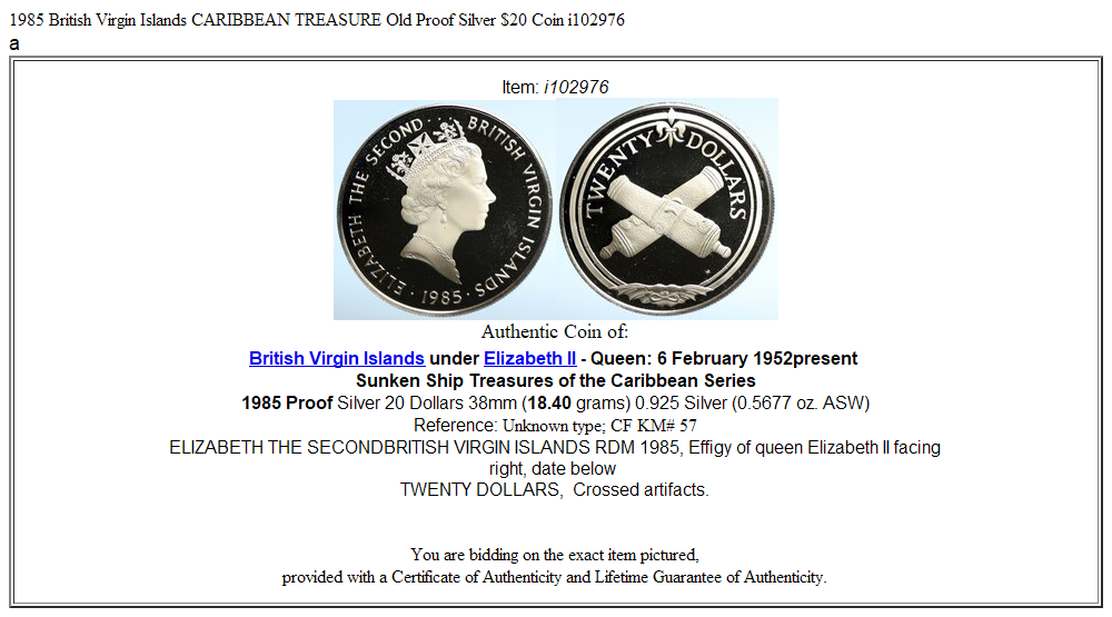 1985 British Virgin Islands CARIBBEAN TREASURE Old Proof Silver $20 Coin i102976