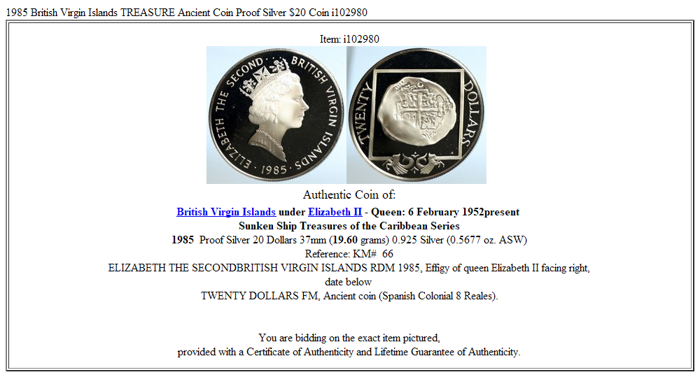 1985 British Virgin Islands TREASURE Ancient Coin Proof Silver $20 Coin i102980