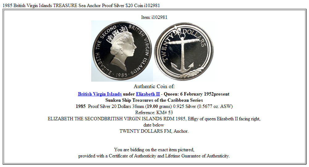 1985 British Virgin Islands TREASURE Sea Anchor Proof Silver $20 Coin i102981