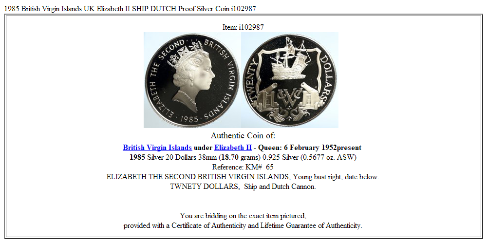 1985 British Virgin Islands UK Elizabeth II SHIP DUTCH Proof Silver Coin i102987