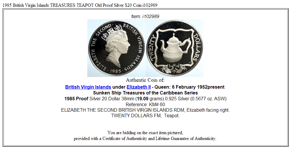 1985 British Virgin Islands TREASURES TEAPOT Old Proof Silver $20 Coin i102989