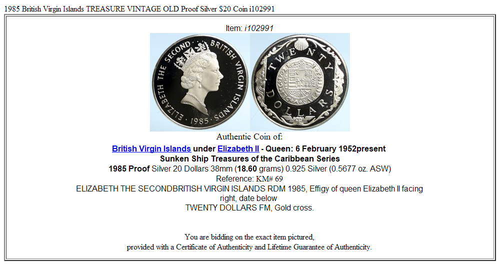 1985 British Virgin Islands TREASURE VINTAGE OLD Proof Silver $20 Coin i102991