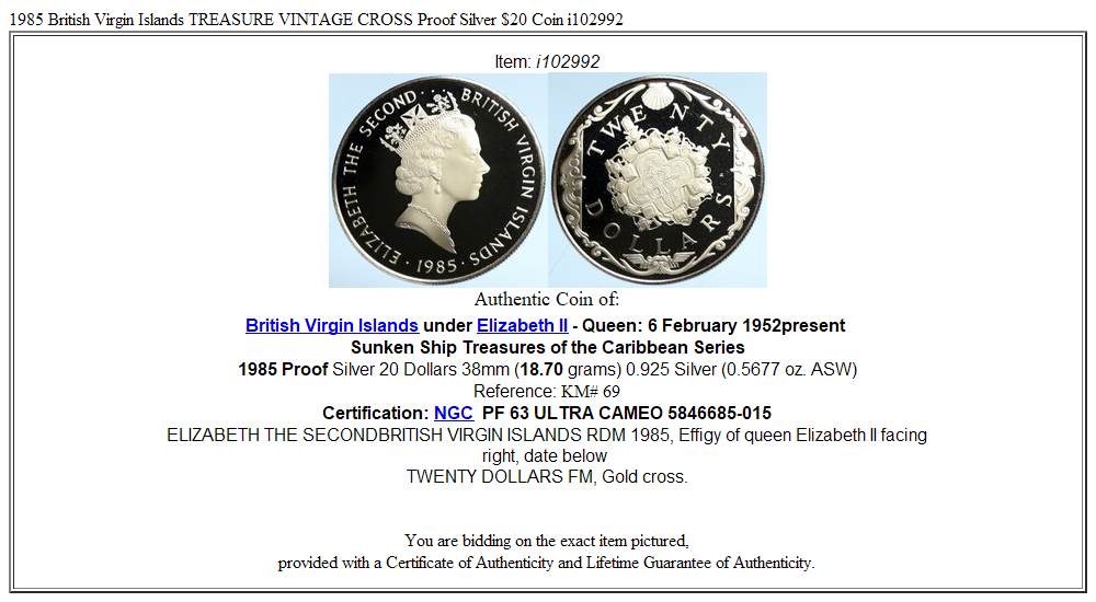 1985 British Virgin Islands TREASURE VINTAGE CROSS Proof Silver $20 Coin i102992