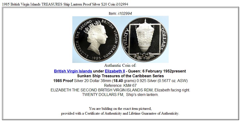 1985 British Virgin Islands TREASURES Ship Lantern Proof Silver $20 Coin i102994