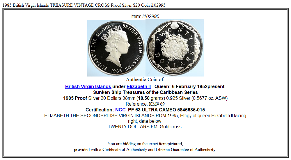 1985 British Virgin Islands TREASURE VINTAGE CROSS Proof Silver $20 Coin i102995