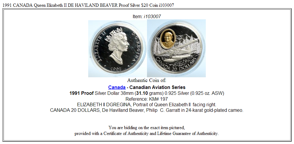 1991 CANADA Queen Elizabeth II DE HAVILAND BEAVER Proof Silver $20 Coin i103007