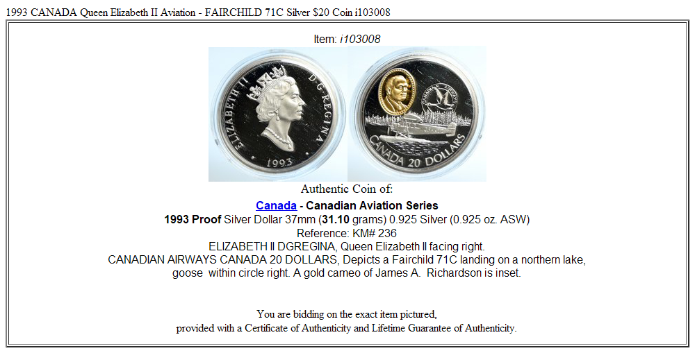 1993 CANADA Queen Elizabeth II Aviation - FAIRCHILD 71C Silver $20 Coin i103008