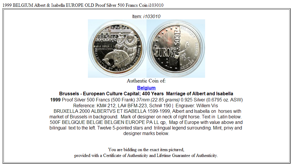 1999 BELGIUM Albert & Isabella EUROPE OLD Proof Silver 500 Francs Coin i103010