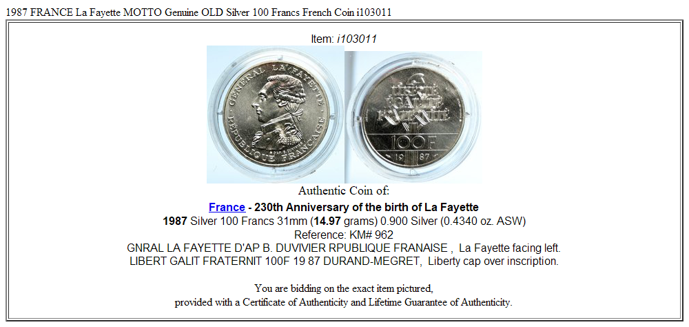 1987 FRANCE La Fayette MOTTO Genuine OLD Silver 100 Francs French Coin i103011