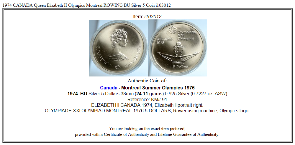 1974 CANADA Queen Elizabeth II Olympics Montreal ROWING BU Silver 5 Coin i103012