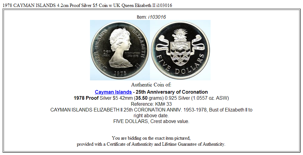 1978 CAYMAN ISLANDS 4.2cm Proof Silver $5 Coin w UK Queen Elizabeth II i103016