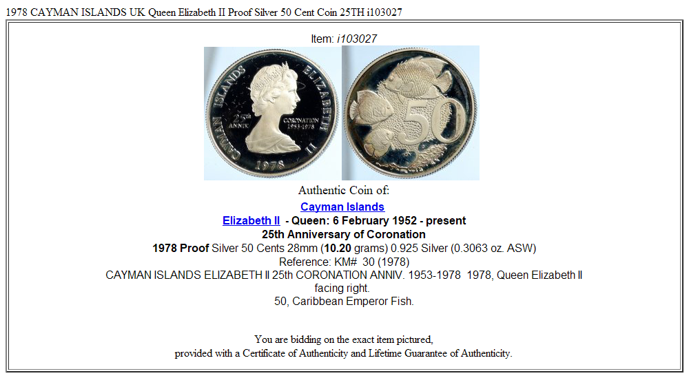 1978 CAYMAN ISLANDS UK Queen Elizabeth II Proof Silver 50 Cent Coin 25TH i103027