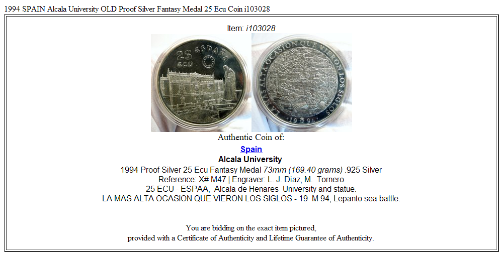 1994 SPAIN Alcala University OLD Proof Silver Fantasy Medal 25 Ecu Coin i103028