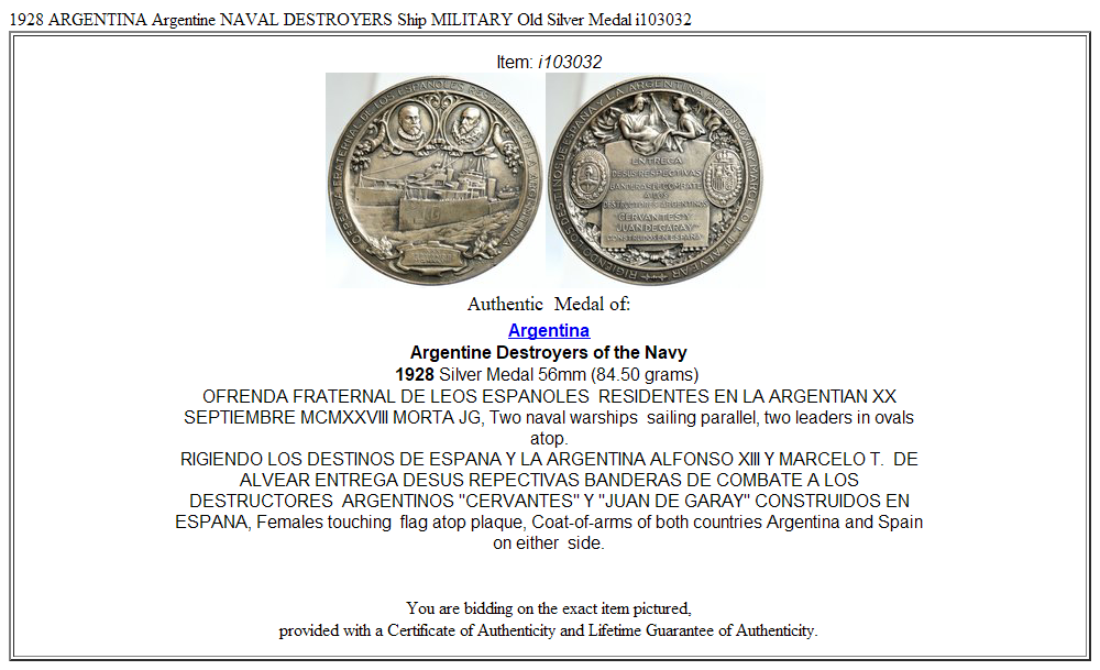 1928 ARGENTINA Argentine NAVAL DESTROYERS Ship MILITARY Old Silver Medal i103032