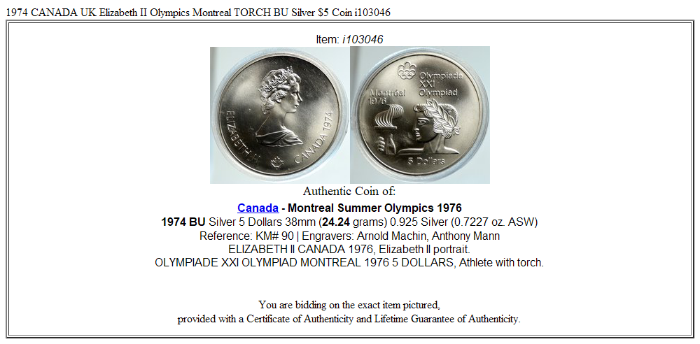 1974 CANADA UK Elizabeth II Olympics Montreal TORCH BU Silver $5 Coin i103046