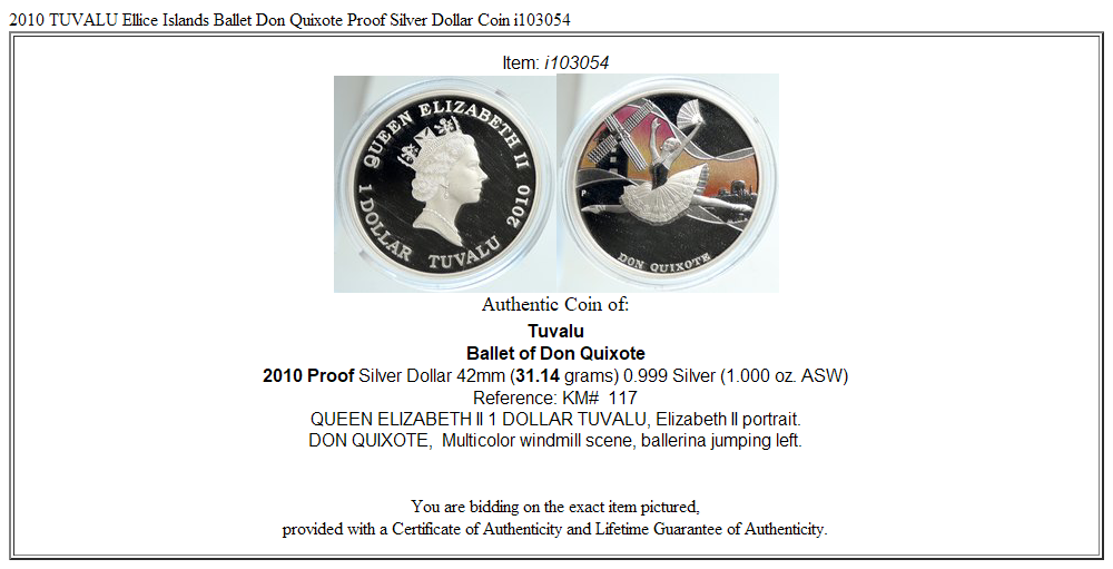 2010 TUVALU Ellice Islands Ballet Don Quixote Proof Silver Dollar Coin i103054