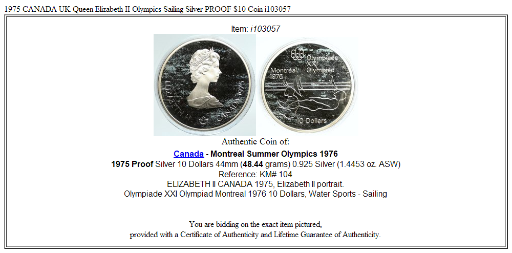 1975 CANADA UK Queen Elizabeth II Olympics Sailing Silver PROOF $10 Coin i103057