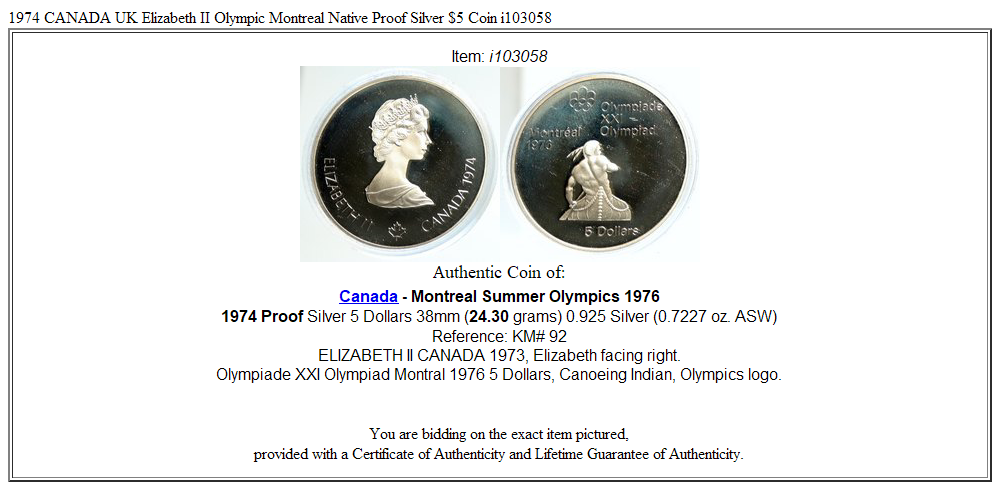 1974 CANADA UK Elizabeth II Olympic Montreal Native Proof Silver $5 Coin i103058