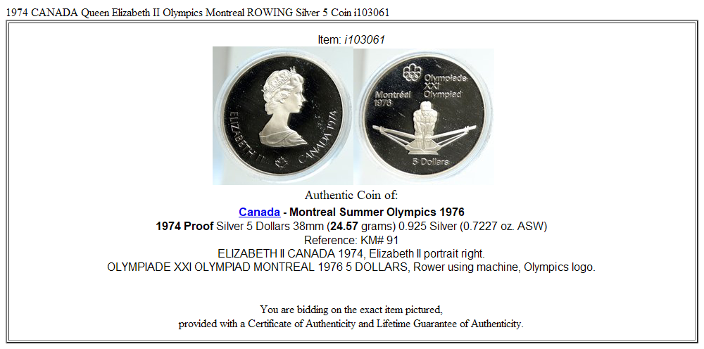 1974 CANADA Queen Elizabeth II Olympics Montreal ROWING Silver 5 Coin i103061